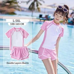 One-Pieces Double layered short sleeved girl swimsuit two-piece summer beach suit L-5XL childrens short sleeved girl swimsuit pink black Q240418