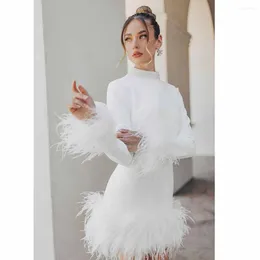 Party Dresses KSDN Luxury Women Prom Dress Feathers Short Mini Skirt Long Sleeve O-Neck Crystal Beach Gown Formal Occasion Evening 2024