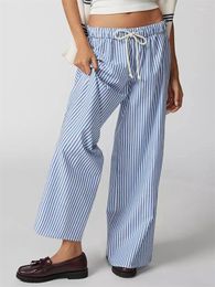 Women's Pants Striped Loose Long Elastic Waist Drawstring Straight Wide Leg Spring Summer Elegant Casual Trousers