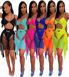 Fluorescent Colour 2 Piece Bikini Tracksuits Sets Summer Clothes for Women Spaghetti Strap Hollow Bodysuit and Mesh Sheer Ruffles S3970218