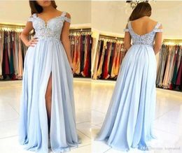 Sky Blue A Line Prom Dresses Lace Applique Cap Sleeves Backless Side Split Floor Length Chiffon Plus Size Pageant Party Evening Go4409473