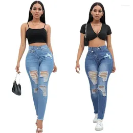 Women's Jeans Women Distressed Flash Washing Denim Spliced Pencil Pants Holes High Waist Sexy Sheath Zipper Flat Ankle Length