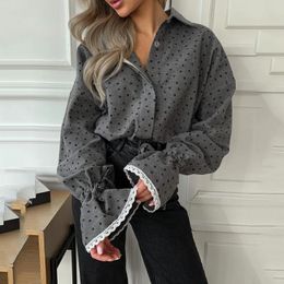 Women's Blouses Polka Dot Love Printed Shirt With Lace Patchwork Cuffs Design Fashionable Turn-down Collar Long Sleeved Shirts Loose