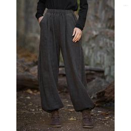 Ethnic Clothing Women Chinese Style Bloomers Pants Elastic Waist Autumn Linen Trouser 2024 Solid Color Patchwork Pockets