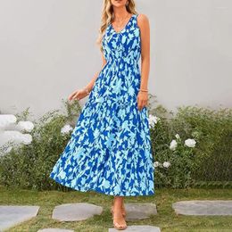 Casual Dresses Women Printed Dress Floral Print V Neck Maxi For A-line Sundress With Elastic High Waist Vacation Beach Holiday