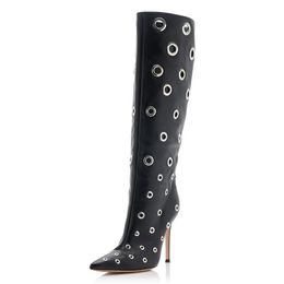 2024 European and American Pointed Summer Metal Hole High Boots for Women's Hollowed Out Walking Show in Large Knee Length Boots