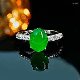 Cluster Rings Versatile Chinese Chic 925 Silver Green Jade Ring Set With High Carbon Diamond Seeds