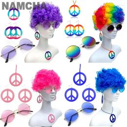 Party Supplies 4Pieces Hippie Costume Accessory Suit 50s 60s 70s Colourful Wig Necklace Earring Eyewear Set Peace Charm Halloween Bash
