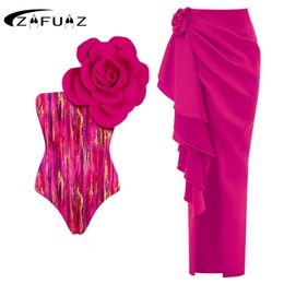 ZAFUAZ Sexy Swimsuit Skirt Summer Women Halter 3D Flower Print Swimwear Beach Dress Cover Up Monokini Bath Suit 240411