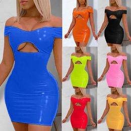 Summer Womens Colorful Candy Color Pu Leather Dress Nightclub Sexy Off Shoulder Hip Skirt