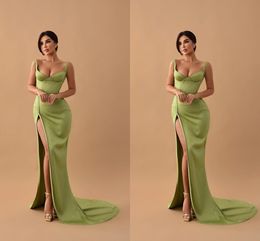 Green Sheath Prom Dresses Long for Women Spaghett Straps Satin Sweetheart Pleats Sweep Train High Side Split Evening Gowns Formal Dress Birthday Pageant Party Gowns