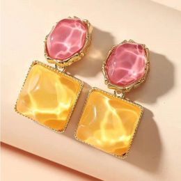 Dangle Earrings Women Round Square Crystal Stone Drop Pink Orange Olive Blue Bright Colorful Glass Trendy Jewelry