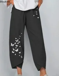 Women's Pants 2024 Casual Cotton Linen Harem Printed Wide Leg Trousers Solid Pockets Harajuku High Waist Baggy Joggers 5XL