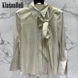 Women's Blouses 1.25 KlasonBell Elegant Temperament Gold Bright Silk Ribbon Bow Women Blouse Lapel Collar Hidden Breasted Shirt