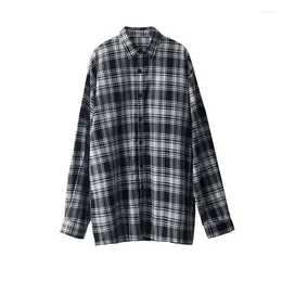 Women's Blouses Women Blouse Retro Baggy Coat Long-Sleeved Plaid Shirt Black White Blusas Ropa De Mujer