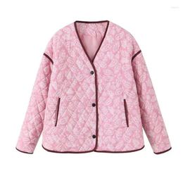 Women's Jackets Pink Floral Cotton Jacket 2024 Autumn/winter V-neck Loose Patchwork Quilted