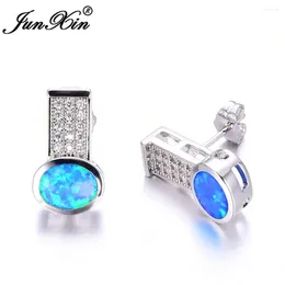 Stud Earrings JUNXIN Geometric Design Female Blue Fire Opal Earring Silver Colour Jewellery Double For Women