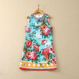 Summer Green Floral Print Beaded Jacquard Dress Sleeveless Round Neck Polka Dot Rhinestone Short Casual Dresses S4F210221