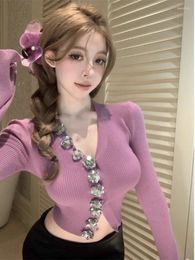 Women's T Shirts Korejepo Sequin Decorative Floral Top Knitwear Sweet Versatile Waistband Stretches Slim Revealing Navel Long Sleeved Tops