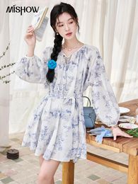 Casual Dresses MISHOW Fairy Temperament Floral Puff Sleeved Chiffon Dress Spring Summer 2024 Lace-up O Neck Waist Knee-Length MXD14L1681