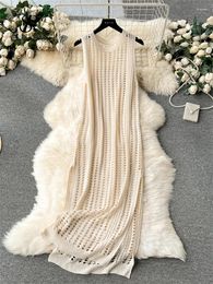 Casual Dresses SINGREINY Knitted Hollow Out Loose Sundress Split Sleeveless 2024 Korean Style Fashion INS Streetwear Women Vacation Beach