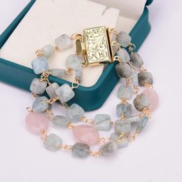 Strand GG Jewellery 7.7'' Handmade Bracelet Natural Blue Aquamarine Pink Morganite Stone Lady Party Gifts Bangle