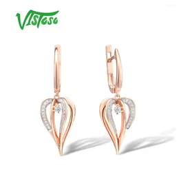 Dangle Earrings VISTOSO Gold For Women Pure 14K 585 Rose Sparkling Diamond Heart Dangling Elegant Delicate Fine Jewelry