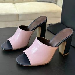 new arrive women peep toe chunky heel slippers runway classic brand designer high quality genuine leather summer hot sale female candy colors high heel slippers