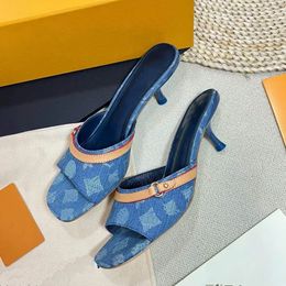 Women Revival Mule Blue Denim Natural Calf Leather Outsole Designer Denim Sandals High Quality Denim Mule Elegant High Heel Summer Sandal Size 34-40