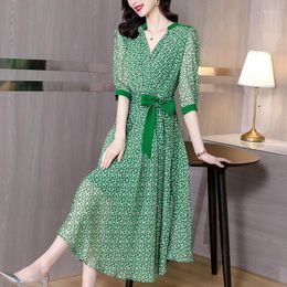 Casual Dresses 2024 Green Floral Chiffon Short Sleeve Dress Women Bohemian Fashion Light Beach Summer Korean Elegant Party Skirt