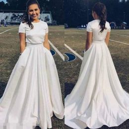 Designer Two Piece Wedding Dresses Simple Short Sleeves Satin Sweep Train Custom Made Plus Size Wedding Gown