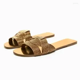 Slippers TRAF Golden Flat For Women Chic Rhinestone Cross Straps Instep Flatted Shoes 2024 Summer Casual Indoor Slipper