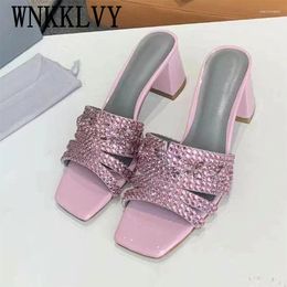 Slippers Summer Shiny Rhinestone Women Genuine Leather Wear Outside Vacation Party Banquet Dress Shoes Thick-sole Pumps