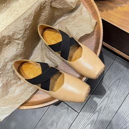 Dress Shoes Black Apricot Retro Classic Cross Elastic Bandage Ballet Women Round Toe Low Heel Elegant Valentine