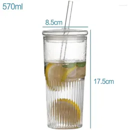 Wine Glasses 570Ml Transparent Stripe Glass Cup With Lid And Straw Milk Water Juice Tea High Capacity Heat Resistant Home Coffe Drinkware