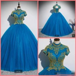 Blue Quinceanera Dresses High Neck Gold Lace Applique Tulle Short Sleeves Floor Length Custom Made Sweet 16 Birthday Party Prom Ball Gown