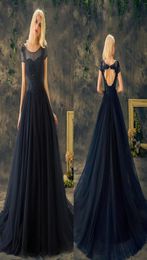 New Navy Blue Real Prom Dresses Scoop Neck Short Sleeve A Line Appliques Lace Beaded Sexy Heart Back Formal Evening DressesMother1472363