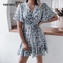 Party Dresses Fresh Sweet Floral Dress Printed V-neck Tie Up Waist Patchwork Slim Fit Women 2024 Summer Sell Pretty Female Skirt