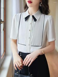 Women's Blouses Vintage 2024 Summer Black White Spliced College Style Short Sleeved Shirt Pink Single Breasted Temperament Tops Chic