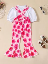 Clothing Sets Cute And Stylish Toddler Girls 2-Piece Set Ruffled Sleeve T-Shirt With Bow Detail Denim Overall Shorts