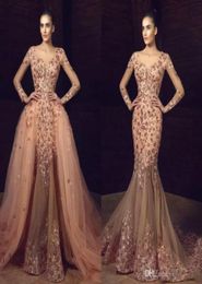 Tony Chaaya 2019 Mermaid Overskirts Prom Dresses Long Sleeves Flower Embroidery Beaded Evening Gowns Sexy Plus Size Formal Dress4212064