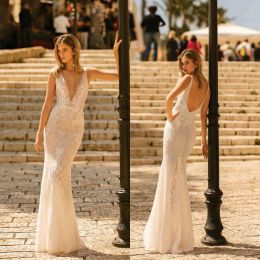 Muse By Berta Wedding Dresses Sexy Deep V Neck Lace Mermaid Bridal Gowns 2024 Backless Sweep Train Wedding Dress