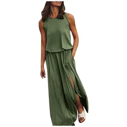 Casual Dresses Summer Sleeveless Holiday Beach Long High Split Solid Colour Flowy Maxi Dress For Women Elegant Tank Party Robe