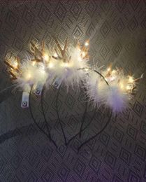 LED Fluffy Feather Antlers Headband Christmas Glowing Light Up Flashing Deer Ears Hairband Costume Fancy Cosplay Party Decor with 8458365