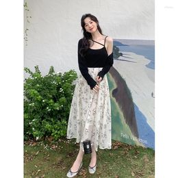 Work Dresses Women Two Piece Sets Spring 2024 Brief Print Sleeveless Patchwork Chiffon Spaghetti Strap Top Shirt Skirt Suit