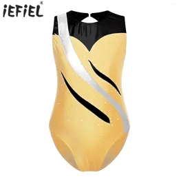 Stage Wear Kids Girls Metallic Ballet Gymnastics Leotard Rhythmic Dance Performance Costume Rhinestones Keyhole Back Sleeveless Bodysuit