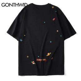 T-Shirts Gonthwid Embroidery Planets Stars Tees Shirts Streetwear Haruku Casual Short Sleeve Tshirts Mens Hip Hop Fashion Summer Tops