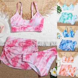 One-Pieces 8-14Y Girls Summer Swimsuit 2023 New Fashion Cute Crisscross Tie Dyed and Printed Flower Print Three piece Swimsuit Q240418