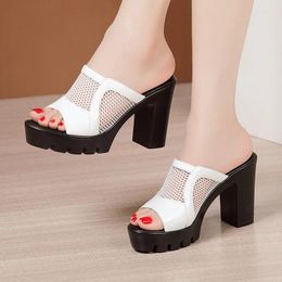 Slippers Small Size 32-43 Elegant Block High Heels Shoes Women Summer 2024 Mesh Cutout Leather Slides Platform For Office Model