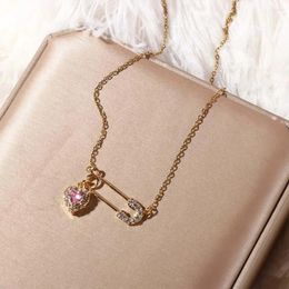 Chains Crystal Paper Clip Love Heart Pin Necklace Clavicular Sweater Chain Pendant Choker Gold Color